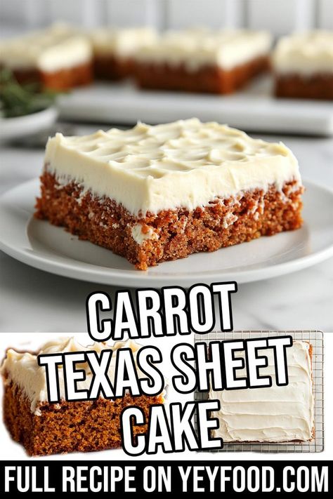 Carrot Texas Sheet Cake - Yeyfood.com: Recipes, cooking tips, and kitchen hacks for home cooks of all levels Carrot Sheet Cake Recipe, Carrot Sheet Cake, Cinnamon Bread Easy, Hacks For Home, Texas Sheet Cake Recipe, Carrot Cake Bars, Bacon Fried Cabbage, Sheet Cake Recipe, Texas Sheet