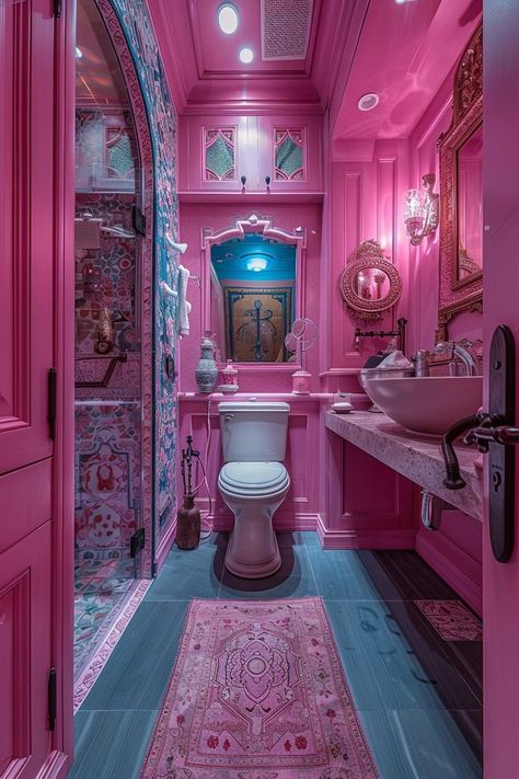 29 Pink Bathroom Decor Ideas for the Ultimate Girly Retreat 11 Pink Bathroom Decor Ideas, Pink Bathrooms, Maximalism Interior, Eclectic Bathroom Design, Retro Pink Bathroom, Bathroom Unique, Gallery Wall Ideas, Pink Bathroom Decor, Sunroom Addition