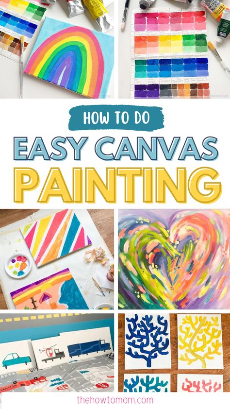 Getting started with acrylics on canvas is simple! Here are all the best easy canvas painting tips and ideas! Click to get started and enjoy creating easy home decor for your kids room, living room or kitchen! Easy Painting Ideas On Canvas For Seniors, First Canvas Painting Ideas, Easy Painting Backgrounds, Canvas Painting Preschool, Easy Paint Ideas For Kids, Art Projects Acrylic Paint, Canvas Painting Ideas For Preschoolers, Canvas Birthday Painting, Canvas Projects For Kids