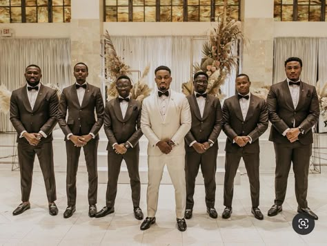 Brown Tux Wedding Party, Tan Suit Wedding Black Man, 2023 Groomsmen Trends, Chocolate Brown Groomsmen Suits, Chocolate Brown Wedding Colors, White And Brown Groom Suit, Chocolate Brown Suits For Men Wedding, Mocha Groomsmen Attire, Brown Tux Groomsmen