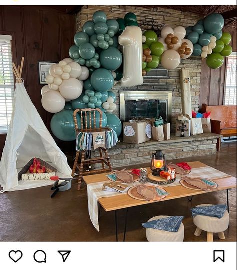 Camp Balloon Garland, Happy Camper Balloon Garland, One Happy Camper First Birthday Balloons, Mountain Themed First Birthday Party, One Happy Camper Balloons, One Happy Camper Theme, One Happy Camper Balloon Arch, One Happy Camper Backdrop, One Happy Camper Photo Shoot