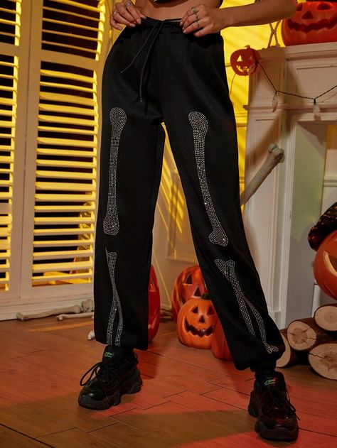 Free Returns ✓ Free Shipping On Orders $49+ ✓. Halloween Rhinestone Skeleton Pattern Drawstring Waist Sweatpants- Women Sweatpants at SHEIN. Goth Sweatpants, Skeleton Sweatpants, Rhinestone Skeleton, Bleach Shirt Diy, Rhinestone Halloween, Skeleton Pattern, Bleach Shirt, Women Sweatpants, Sweatpants Women