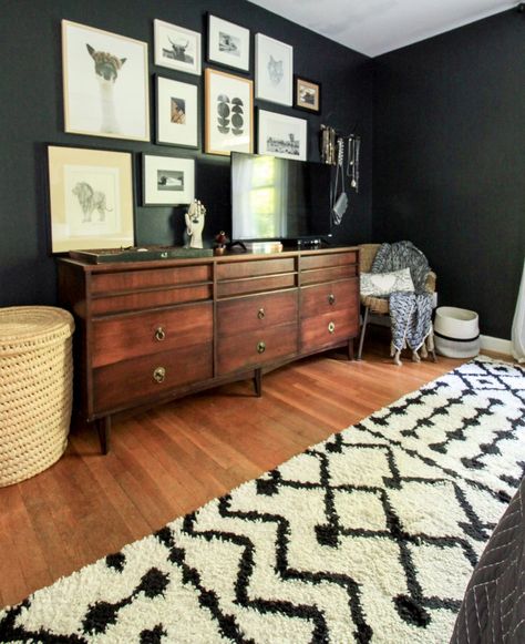 Blank Wall Above Dresser, Dresser Below Tv, Moody Living Room Tv Stand, Black Paint Behind Tv, Dresser As Tv Stand In Living Room Black, Eclectic Farmhouse Tv Console, Art Around Tv On Wall, Bohemian Tv Stand, Aka Bedroom