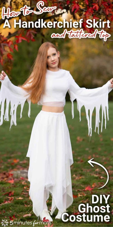 See how to make a handkerchief skirt and tattered long sleeve top to create an elegant yet eerie homemade ghost costume. #diycostume #sewing #handkerchiefskirt #ghostcostume #diyghostcostume #ghost Ghost Costume Women, Diy Bat Costume, Circle Skirt Calculator, Cat Costume Kids, Cute Cat Costumes, Ghost Dresses, Ghost Halloween Costume, Ghost Diy, Handkerchief Skirt