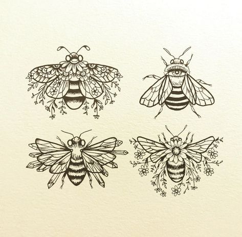 Floral Tattoo Unique, Crystal Nature Tattoo, Cottagecore Spine Tattoo, Bees Tattoo Design, Bee Daisy Tattoo, Bee Throat Tattoo, Small Throat Tattoo, Bumble Bee Tattoo Flowers, Flower And Bee Tattoo