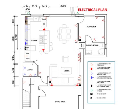 Electrical Layout Plan Interior Design, Kitchen Utility Layout Plan, Electric Plan Layout, Mechanical Room Layout, Kitchen Electrical Layout, Electrical Floor Plan, Electrical Notes, Electrical Layout Plan, Villa Lighting