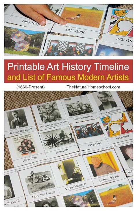 This is an awesome activity that mixes History and Art because it includes a free printable Art History timeline and list of famous modern artists! We have been working on these artists and their works of art, so we’ve included artists from 1860 (Grandma Moses) up to the present, learning about the closest one born to … Famous Modern Artists, History Lessons For Kids, Art History Timeline, History Wallpaper, Art History Memes, Grandma Moses, Art History Lessons, Funny Art History, Artist Study