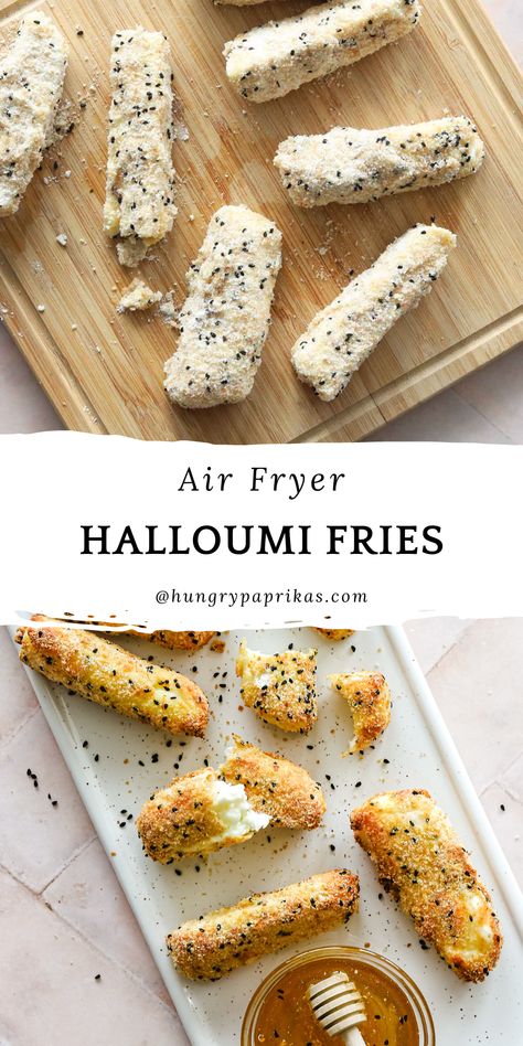 Top photo: halloumi fries coated in breadcrumbs on cutting board, bottom photo: crispy air fried halloumi fries with honey Haloumi Fries Recipe, Halloumi Air Fryer, Halloumi Sticks, Air Fryer Halloumi, Halloumi Fritters, Hungry Paprikas, Middle Eastern Bread, Snack Stash, Haloumi Recipes