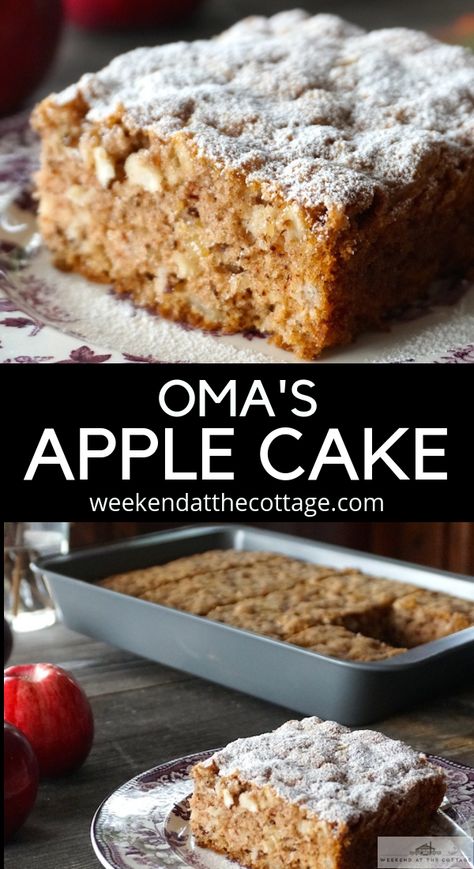 This easy, healthy recipe for OMA’S APPLE CAKE is simply delicious. It's an old fashioned cake made with chunks of apples, cinnamon, walnuts and just the right amount of grated dark chocolate. Serve it warm for dessert, with coffee, tea or an afternoon snack. #sponsored #applecake #bestapplecakerecipe  #ONappleaday #germancake #GermanAppleCake, #EasyAppleCake #easyhealthycakerecipe Apple Cake Recipe Easy, Cottage Recipes, Easy Apple Cake, Apple Cake Recipe, Fresh Apple Cake, Apple Recipes Easy, Loaf Cakes, Recipes Baking, Apple Dessert Recipes