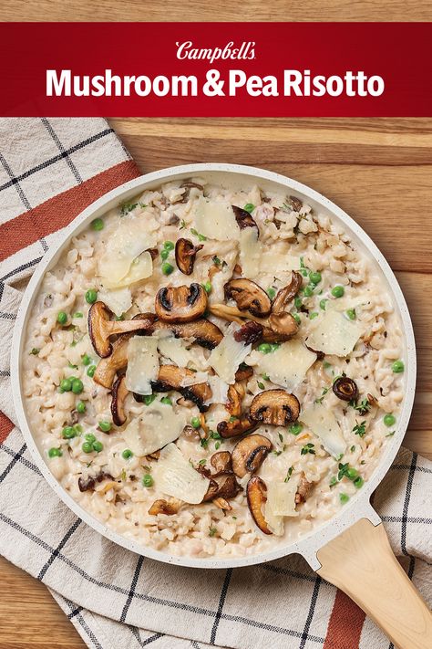 This Mushroom & Pea Risotto is the mac and cheese of rice dishes- simple comfort food.  This risotto recipe is perfect because it uses pantry-staple ingredients and is ready in only 35 minutes! Saute onion and mushrooms, then add rice, broth and Condensed Cream of Mushroom Soup.  Cooking down the arborio rice until it's perfectly creamy is essential to a good risotto.  Stir in some peas and Parmesan cheese at the end and serve this Mushroom & Pea Risotto! Campbells Cream Of Mushroom Soup Recipes, Mushroom And Pea Risotto, Condensed Cream Of Mushroom Soup, Grain Dishes, Pea Risotto, Best Risotto, Campbells Soup Recipes, Campbells Recipes, Mushroom Risotto Recipes