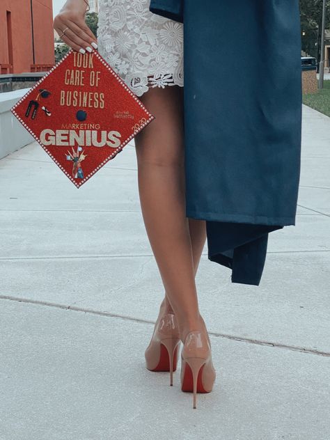 Graduation, senior, cap & gown, red bottoms Red Bottoms Photoshoot, Red Bottoms Graduation Pictures, Red Bottom Graduation Pictures, Red Graduation Gown And Cap, Graduations Pics, Red Cap And Gown, Red Graduation Gown, Graduation Cap Pictures, Usc Graduation