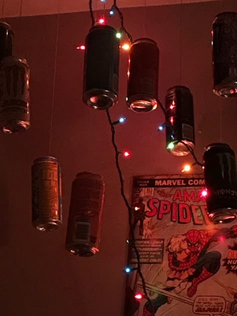 monster can ceiling🤌🏻👂🏻 Monster Cans Hanging From Ceiling, Monster Light Can, Hanging Monster Cans, Monster Energy Room Decor, Monster Can Decorations, Monster Can Ideas For Room, Monster Can Room Decor, Monster Can Decor, Monster Cans Room Decor