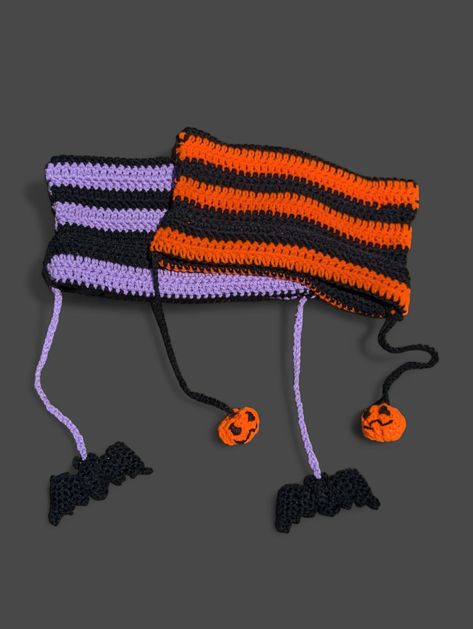 Handmade crochet hat.  Spooky Halloween cat hat! Black and Orange striped square beanie hat with dangling strings and Jack-o'-lanterns on the sides. Or Black and Purple square beanie hat with dangling strings and Bats on the sides. One size fits most. Halloween Crochet For Beginners, Skull Crochet Hat, Crochet Halloween Clothing, Crocheted Halloween Costumes, Black Yarn Crochet Projects, Halloween Crochet Beanie, Halloween Crochet Hats, Square Beanie, Crochet Halloween Hat