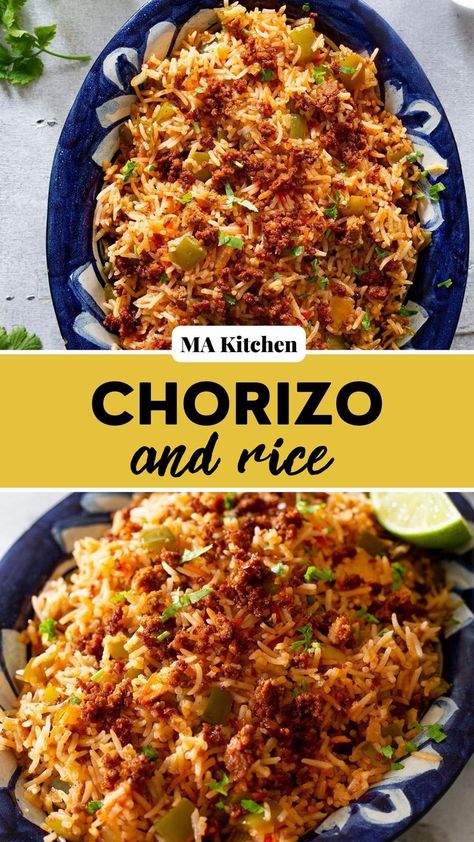 collage of chorizo rice with text overlay Easy Chorizo Recipes, Chorizo And Rice, Chorizo Recipes Dinner, Chorizo Pasta Recipes, Chorizo Rice, One Pot Rice Meals, Hispanic Dishes, Cultural Food, Rice Side Dish Recipes