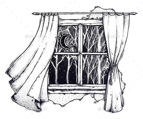 Old Art Work, Dotwork Drawing, Window Sketch, Night Trees, Sky Tattoo, Moon Forest, Tree Scenery, Curtain Drawing, Tattoo Moon