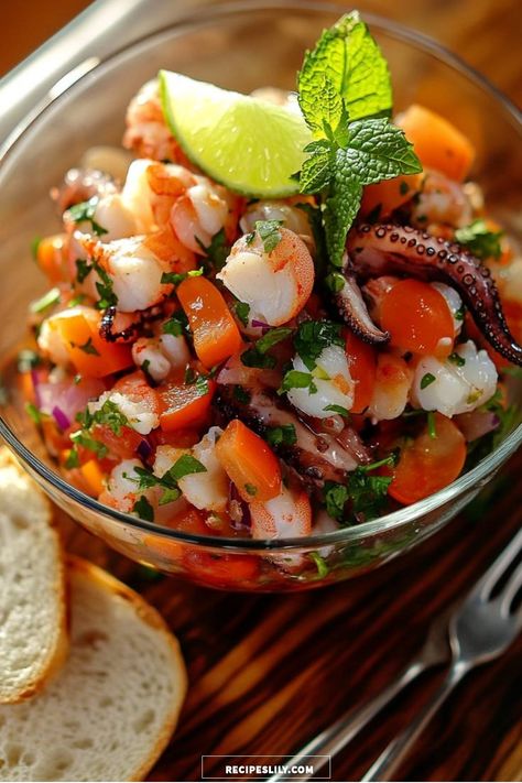 Dive into this vibrant ceviche that bursts with fresh flavors! Packed with shrimp, octopus, and colorful veggies, it’s a perfect dish for any occasion. Enjoy it with a squeeze of lime and some crusty bread for a light, delicious meal! Shrimp Ceviche Tacos, Octopus Ceviche Recipe, Easy Shrimp Ceviche Recipe, Octopus Ceviche, Easy Shrimp Ceviche, Shrimp Ceviche Recipe, Colorful Veggies, Flavorful Shrimp, Ceviche Recipe