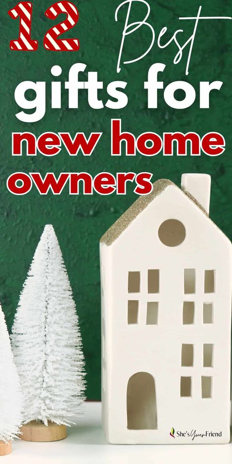 a ceramic house and white tree with text overlay that reads twelve best gifts for new home owners New Home Gifts From Realtor, Christmas Gifts For Homeowners, New Home Christmas Gift, New Home Gifts Ideas, First Home Gift Ideas, New Home Gift Ideas, Gifts For New Home, Practical Housewarming Gifts, Unique Gift Guide