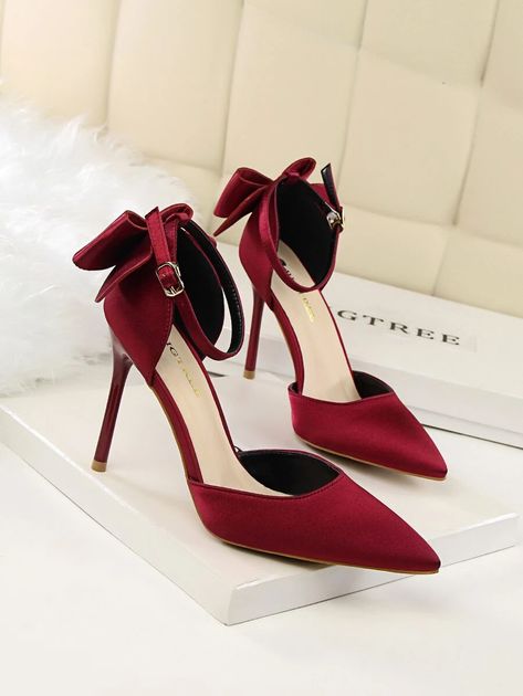 Bow Decor Satin Stiletto Heels | SHEIN USA Small Heel Shoes Elegant, High Heels Elegant Style, Wedding Red Shoes, Wine Red Heels, Wedding Shoes Women, Red Shoes Heels, Red Wedding Shoes, Hak Tinggi, Summer Pumps