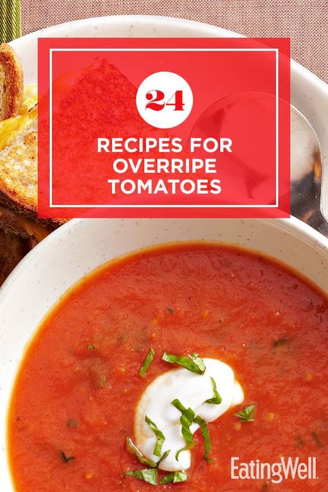 Wait—don’t throw out those overripe tomatoes! Instead, transform them using one of these delicious recipes. Overripe tomatoes are perfect for sauces and soups as their softer texture is easily masked when blended with other flavors. You could also roast them and use it as a side dish. Recipes like Summer Tomato Gazpacho and No-Peel Slow-Cooker Marinara Sauce are flavorful, bright and make the most out of those still-great tomatoes. #summerrecipes #healthysummerrecipes #healthyrecipes What To Do With Over Ripe Tomatoes, Over Ripe Tomatoes What To Do With, What To Do With Soft Tomatoes, Over Ripe Tomatoes Recipes, Overripe Tomatoes Recipe, Soft Tomatoes What To Do With, Overripe Tomatoes What To Do, Old Tomatoes What To Do With, Recipes With Heirloom Tomatoes