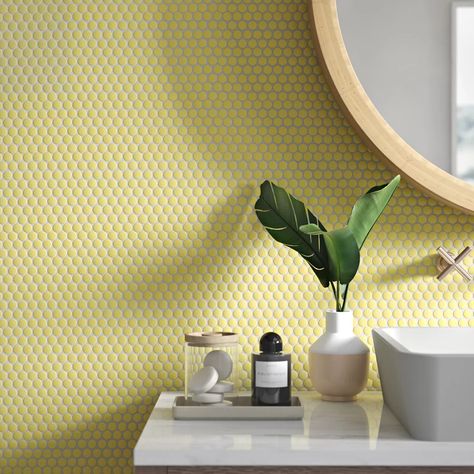 Merola Tile Hudson Penny Round .80" x .80" Porcelain Penny Round Mosaic Wall & Floor Tile & Reviews | Wayfair Yellow Tile Bathroom, Penny Tiles Bathroom, Penny Tile Floors, Penny Round Mosaic, Bathroom Accent Wall, Penny Round Tiles, Round Mosaic, Penny Tile, Penny Round