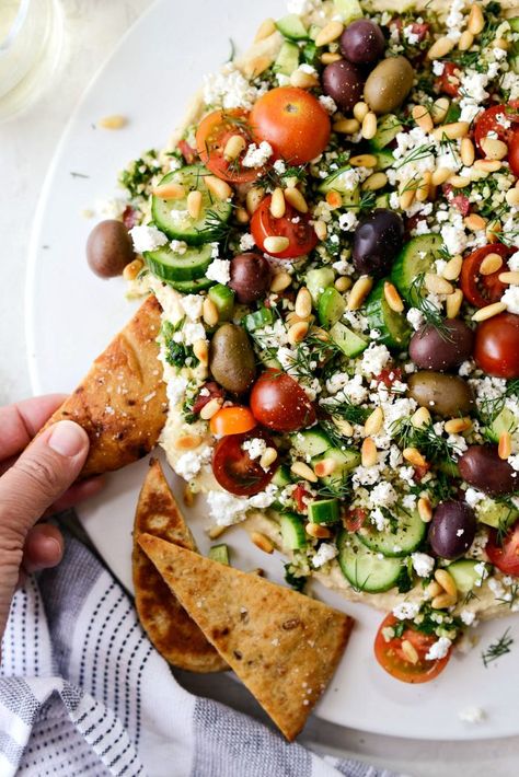 Hummus Party Dip Platter, Greek Hummus Layer Dip, Vegan Loaded Hummus, 7 Layer Hummus Dip, Loaded Hummus Board, Greek Style Loaded Hummus, Kosher Dairy Dinner Ideas, Charcuterie Board Humus, Easy Protein Appetizers For A Party