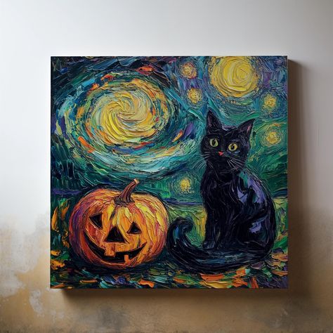 Add a touch of magic and mystery to your home decor with this stunning canvas print, inspired by the timeless "Starry Night" painting. This captivating piece features a black cat with bright, inquisitive eyes sitting beside a carved pumpkin under a swirling night sky. The vibrant brushstrokes and rich colors evoke the charm of Halloween, making it a perfect addition to your seasonal or year-round decor. Printed on a durable, gallery-wrapped canvas with a 1.25" thick profile, this artwork is ready to hang and will bring a delightful touch of whimsy to any space. Whether you're a cat lover, an art enthusiast, or someone who enjoys unique home accents, this high-quality oil painting print on canvas will remain a beautiful focal point for years to come. : Canvas, Stretched, 1.25" : Back hangin Spooky Cat Painting, Halloween Abstract Art, Christmas Cat Painting Easy, Colorful Pumpkin Painting, Halloween Oil Painting, How To Paint A Cat, What To Paint On A Black Canvas, Halloween Paint Night, Fall Canvas Painting Ideas Easy Diy