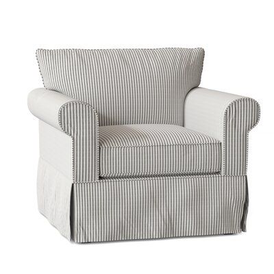 This armchair comes in a wide variety of colors and textures, so it's the chair, whatever chair, you've been looking for. Made in the USA, the frame is made from kiln-dried solid and engineered wood with a classic look, and it sits on black-hued solid and engineered wood legs. Plus, its seat and back cushions are removable, so it's easy to vacuum. It arrives at your door ready to use, so no assembly is required. Fabric: Cruise Adrift Woven Stripe | Armchair - Wayfair Custom Upholstery™ Amari 42" Piping Fabric, Striped Armchair, Blue Armchair, Living Room Furniture Chairs, Coastal Cottage, Accent Chairs For Living Room, Toss Pillows, Cozy Space, Birch Lane