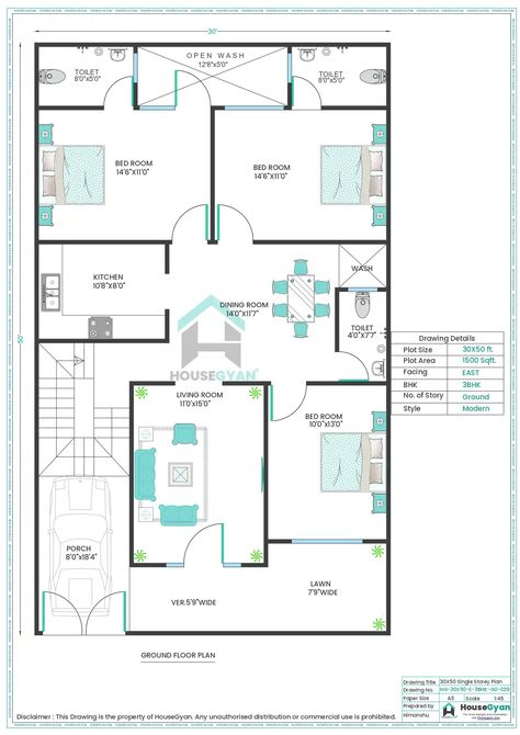 30X50 East Facing 3BHK Ground Floor House Plan | 1500 Sqft Plot Floor Plan 35x50 House Plans 3 Bedroom, 1500 Sqft House Plan, 30x50 House Plans East Facing, 30 50 House Plans, Ground Floor House, 30x50 House Plans, 30x40 House Plans, Three Bedroom House Plan, House Plans 3 Bedroom