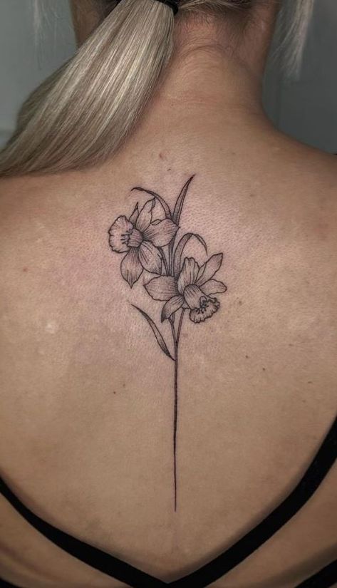 Daffodil Fairy Tattoo, Large Daffodil Tattoo, Daffodil Spine Tattoos For Women, Big Daffodil Tattoo, Tattoo Ideas Female Daffodil, Narcissus Flower Spine Tattoo, Daffodil With Butterfly Tattoo, Daffodil Tattoo Back, Two Daffodils Tattoo