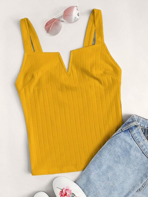 Plus V-cut Neck Rib-knit Top | SHEIN Embroidered Cami Top, Rib Knit Top, Plus Size Tank Tops, Ribbed Knit Top, Girls Fashion Clothes, V Cut, V Cuts, Knit Fashion, Curvy Fashion