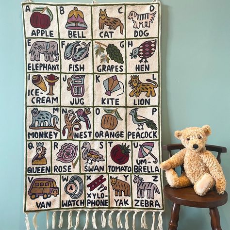 Handmade Alphabet ABC Wall Hanging Tapestry With Lilac Tones Satsar - Etsy Childrens Alphabet, Abc Wall, First Birthday Presents, Folk Art Design, Dog Bell, Contemporary Color Palette, Handmade Tapestries, Alphabet Wall, Heirloom Gifts