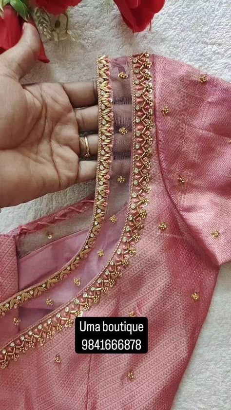 Uma Karthik | Designer blouse done for my client To get your outfit customised pls visit us in Chennai ANNANAGAR DM OR WHATSAPP FOR ENQUIRY Please be… | Instagram Silk Net Blouse Designs, Bridal Pink Blouse Designs, Prabha Blouses Designs, New Aari Work Designs, Brown Blouse Aari Work, Fancy Aari Work Blouse Designs, Pink Maggam Work Blouse Designs, Pink Blouse Designs For Saree Silk, Maggam Work Net Blouse Designs