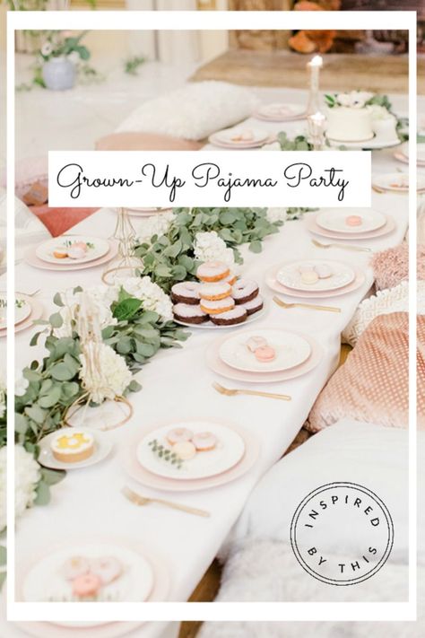 Grown Up Sleepover Ideas, Bridal Slumber Party Ideas, Glam Slumber Party, Chic Slumber Party, Ladies Pajama Party, Adult Slumber Party Decorations, Pj Party Grown Up, Mother Daughter Movie Night, Pajama Party Decor