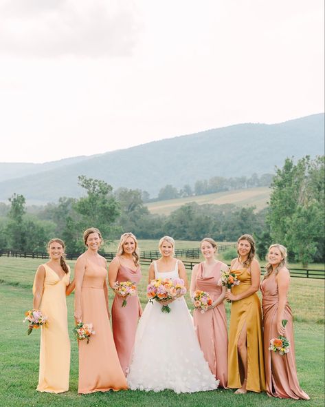 Sunset Mismatched Bridesmaid Dresses, Peach Coloured Bridesmaid Dresses, Peach Bridal Party Dresses, Fall 2024 Bridesmaid Dresses, Yellow And Peach Bridesmaid Dresses, Bright Pastel Bridesmaid Dresses, Bright Fall Bridesmaid Dresses, Rosy Sunset Wedding, Sunset Colors Bridesmaid Dresses