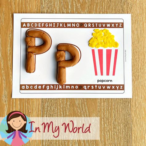 Alphabet Play Dough | Play Doh Mats - In My World P Is For Popcorn, Play Doh Letters, Playdough Letters, Kindergarten Summer Review, Play Doh Mats, Preschool Alphabet Letters, Lavinia Pop, Playdoh Mats, Summer Kindergarten