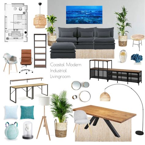 Oana's Coastal Modern Industrial Living room Industrial Beach House Interior Design, Industrial Coastal Style, Industrial Coastal Living Room, Industrial Coastal Decor, Industrial Townhouse, Coastal Industrial Decor, Industrial Coastal, Modern Industrial Living Room, Industrial Living Room