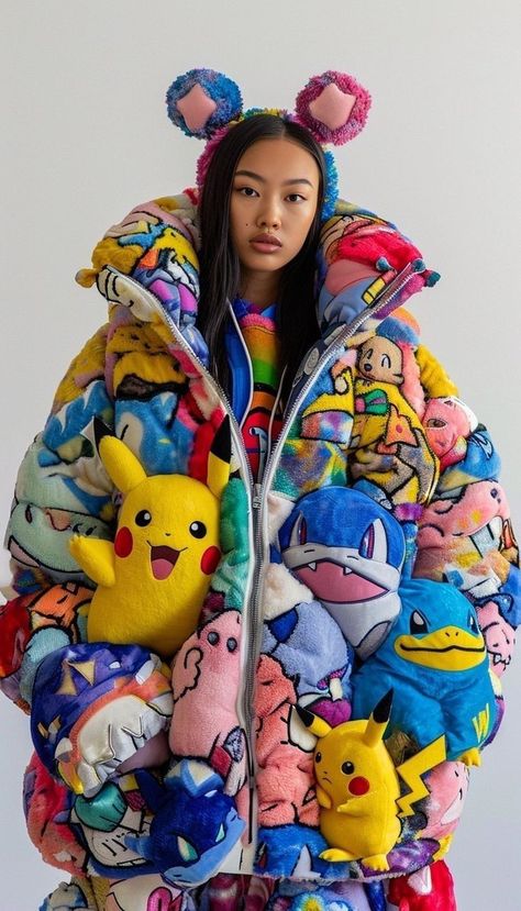 Strange Outfits, Pokemon Outfits, Pokemon Fashion, Kitsch Fashion, Unconventional Fashion, Unique Streetwear, Unusual Clothes, Colorful Jacket, Rainbow Outfit