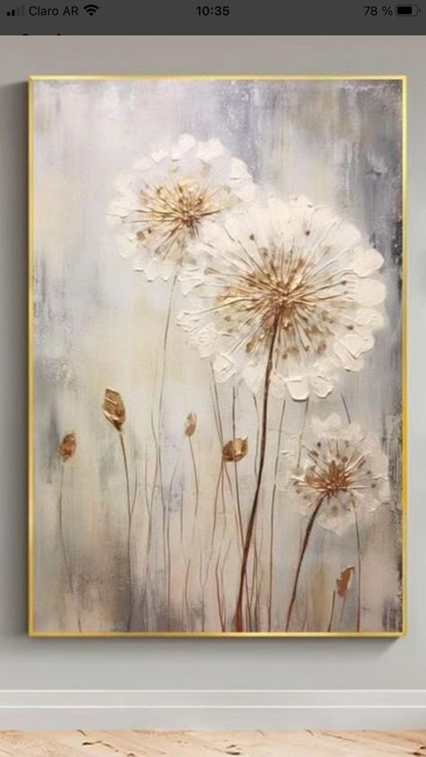 Textured Acrylic Painting Flowers, Beige Painting Ideas, Textured Paste Art, Painting Flowers On Wood, Table Art Painting, Floral Art Paintings, Diy Canvas Art Easy, Dandelion Wall Art, Easy Landscape Paintings