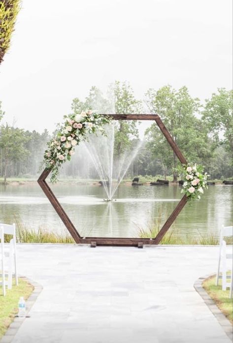 Wedding Decorations Arch Indoor, Arch Way For Weddings Outdoor Ceremony, Wedding Alter Hexagon, Ceremony Arches, Wedding Arbors Outdoor, Lakeside Ceremony Decor, White Hexagon Wedding Arch, Floral Hexagon Wedding, Lakeside Wedding Decor