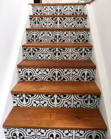 Stenciled Stairs, Cement Steps, Stair Makeover, Stencil Decor, Stair Riser, Artisan Tiles, Staircase Remodel, Cle Tile, Tile Stairs