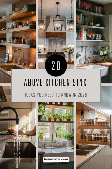 Transform the space above your kitchen sink with these stylish and practical ideas! From chic shelves and greenery to elegant lighting and decor, these tips will make your kitchen both functional and beautiful. Over Sink Ideas Kitchen No Window, Kitchen Rail Above Sink, Ideas For Above Kitchen Sink, Mirror Above Kitchen Sink Ideas, Wall Above Kitchen Sink No Window, Decorate Above Kitchen Sink, Art Above Kitchen Sink, Over The Sink Decor No Window, Above The Stove Shelf