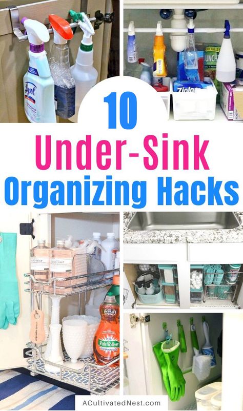 Organizing Under The Kitchen Sink, Storage Under Kitchen Sink, Undersink Storage Kitchen, Under Sink Organization Kitchen, Under The Sink Organizer, Organized Cabinets, Diy Organization Hacks, Under Kitchen Sink Storage, Flat Organization