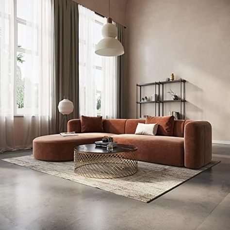 Acanva Luxury Modern Tight Curved Back Velvet Sofa, Minimalist Style Comfy Couch for Living Room Apartment, Tangerine L-Shape Left Chaise Couch For Living Room, Living Room Apartment, Comfy Couch, Room Apartment, Curved Back, Velvet Sofa, Lounge Room, Apartment Room, Chaise Sofa