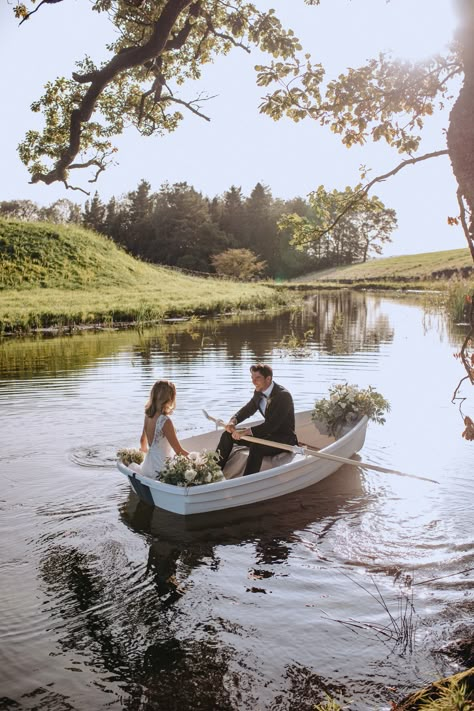 Wedding Rowing Boat at Casterton Grange Boat Engagement Photos, Boat Photoshoot, Themed Engagement Photos, Tangled Wedding, Boat Wedding, Rowing Boat, Cute Engagement Photos, Proposal Photos, Camp Wedding