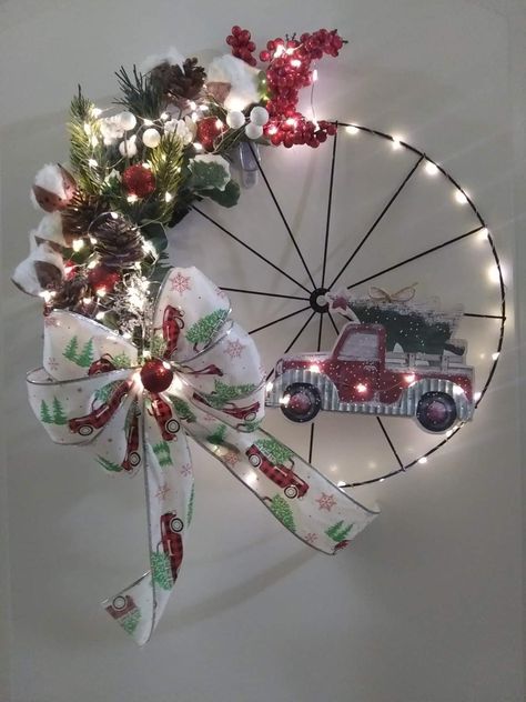 Bicycle Wheel Wreath Christmas, Christmas Wagon Wheel, Wheel Wreath Ideas, Dollar Tree Wreaths, Christmas Wagon, Bicycle Wreath, Bicycle Wheel Wreath, Wheel Wreath, Craft Wreath