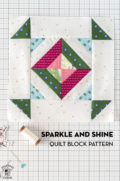 It's week two of the Riley Blake Designs quilt block challenge! This week's block is a free 10 quilt block pattern named Sparkle & Shine. Riley Blake Quilt Patterns, Shine Quilt, Riley Blake Quilt, Beginner Quilt Tutorial, Free Baby Quilt Patterns, Sew Quilt, Quilt Christmas, Log Cabin Quilt Blocks, Polka Dot Chair