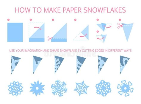 How to make christmas white snowflake of different shape diy vector illustration Paper Snowflakes Easy, Snowflakes For Kids, Paper Snowflake Designs, Making Paper Snowflakes, Paper Snowflake Template, 3d Paper Snowflakes, Diy Christmas Snowflakes, Paper Snowflake Patterns, Origami Toys