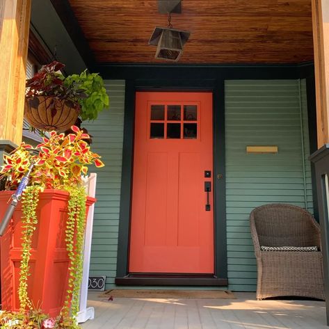 Sherwin Williams Quite Coral front door paint Coral Paint Color, Coral Front Doors, Contemporary Ranch Home, Coral Paint Colors, Coral Paint, Coral Door, Front Door Paint, Door Paint, Outdoor Doors