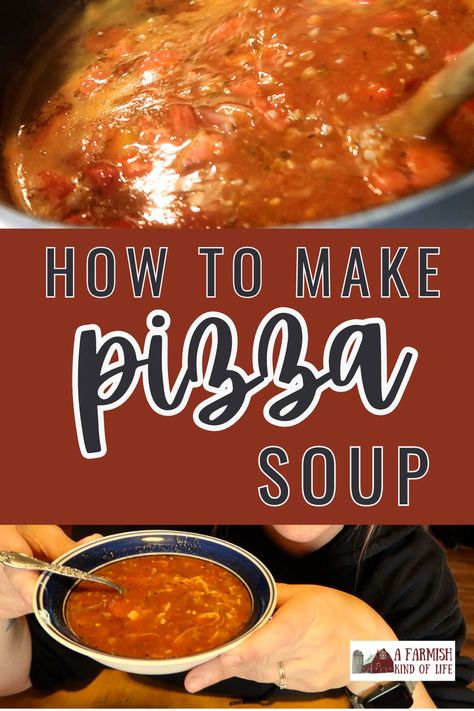 Pizza Soup: pizza in one pot! - A Farmish Kind of Life Slow Cooker Pizza Soup, Crockpot Pizza Soup Recipes, Pizza Soup Crockpot, Tomato Soup From Scratch, Pizza Soup Recipe, Homemade Bread Bowls, Crock Pot Pizza, Bacon Chowder, Slow Cooker Potato Soup