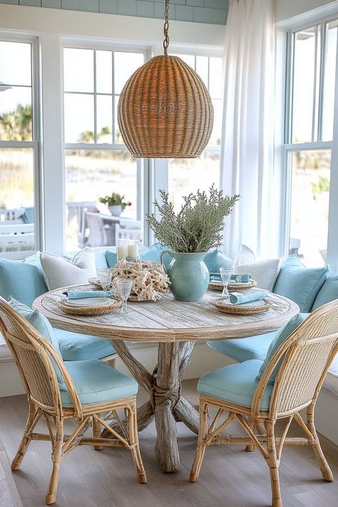 29 Breakfast Nook Ideas to Create a Perfect Morning Retreat Coastal Breakfast Nook Ideas, Coastal Kitchen Nook, Glam Breakfast Nook, Coastal Breakfast, Farmhouse Breakfast Nook, Small Breakfast Nook, Beach House Dining Room, Mid Century Cottage, Breakfast Nook Ideas